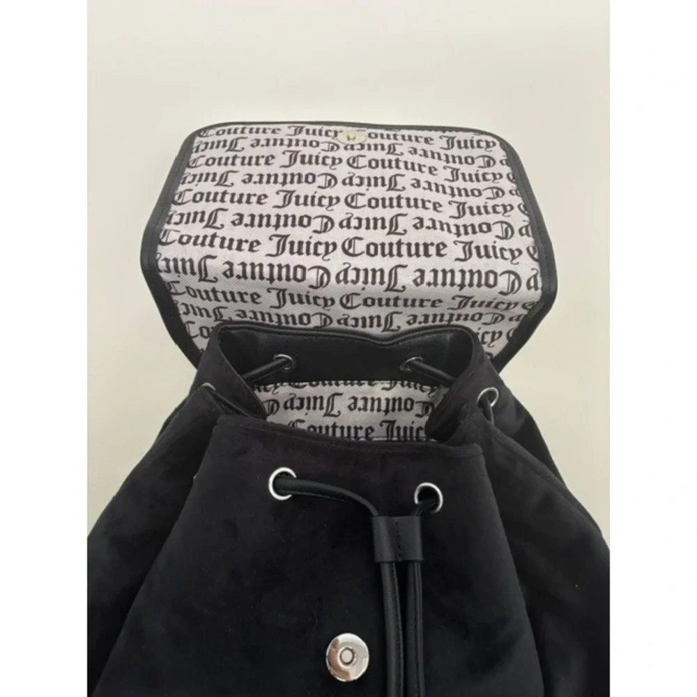 Juicy Couture Black Velour Backpack Silver Crown Logo Heart Charm Y2K Style